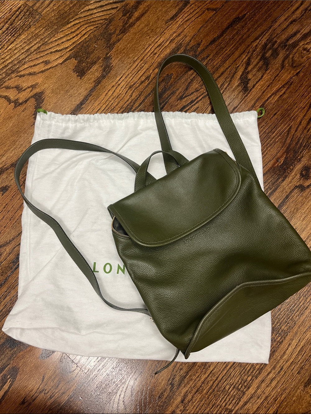 Longchamp Olive Green Pebbled Leather Backpack